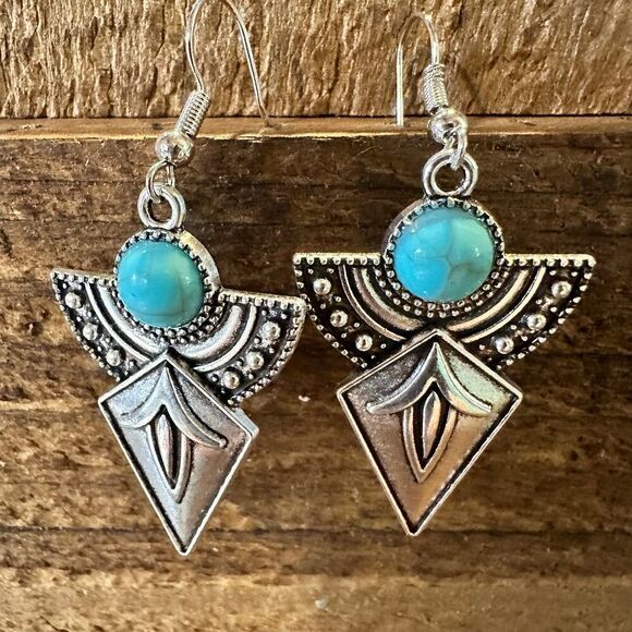 Boho Hippie Vintage Arrow Dangle Wire Earrings, Turquoise Stone, Gift Box - Picture 3 of 12
